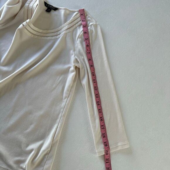 Lauren Ralph Lauren Cream Embellished Scoop Neck Top | 3/4 Sleeve | Size Medium - Picture 8 of 8